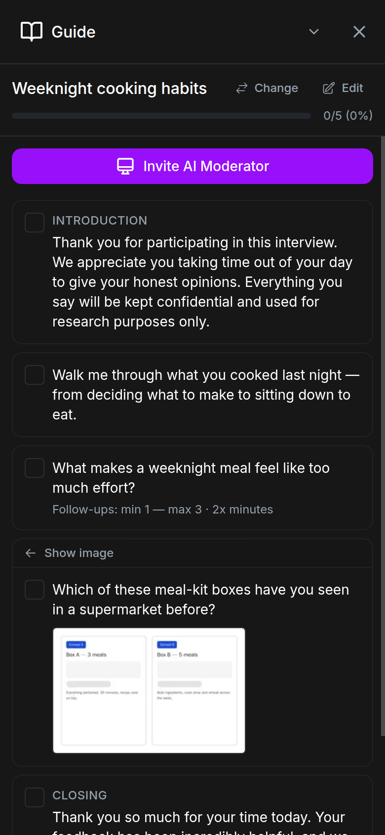 The discussion-guide side panel with the Invite AI Moderator button above the question checklist
