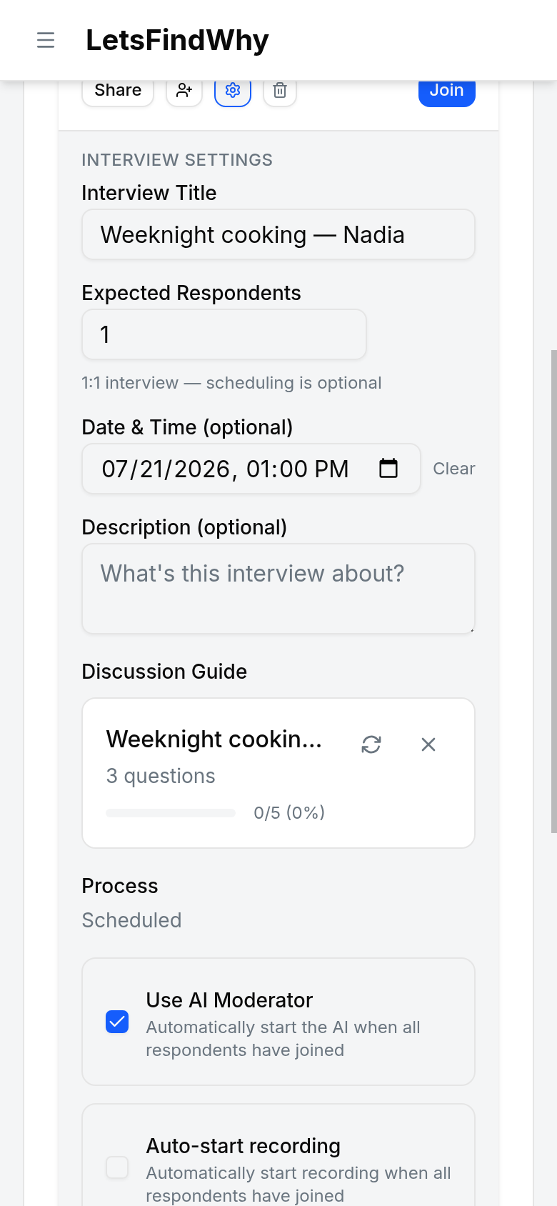 Interview Settings with a discussion guide assigned and the Use AI Moderator checkbox ticked