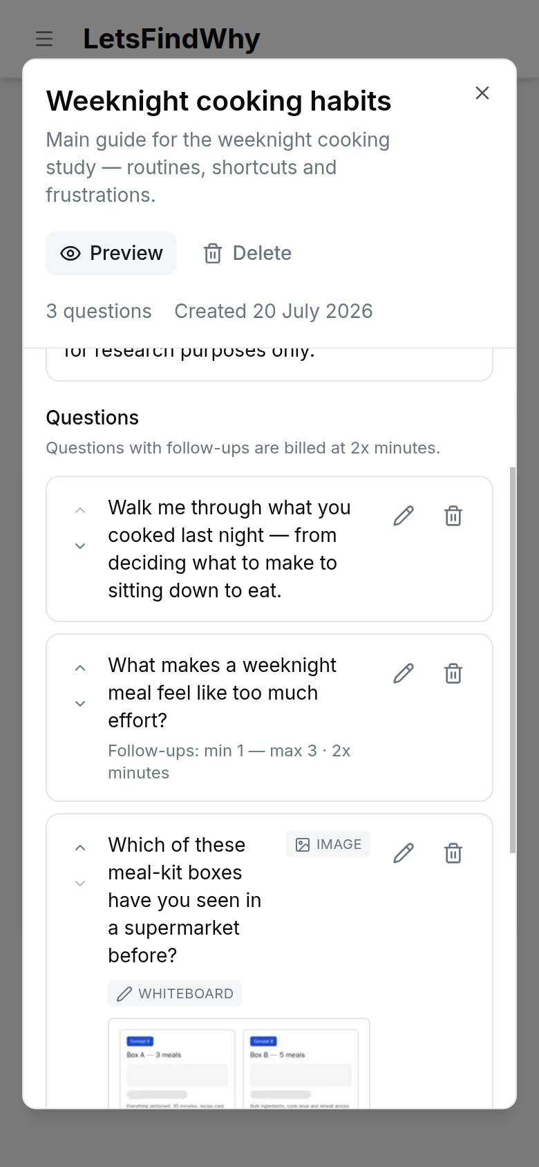 The guide editor with its pinned header, the question count, and the question list showing follow-up settings and IMAGE and WHITEBOARD chips