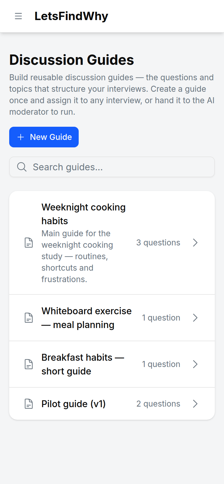 The Discussion Guides page with the New Guide button, the search field, and guide rows showing their question counts