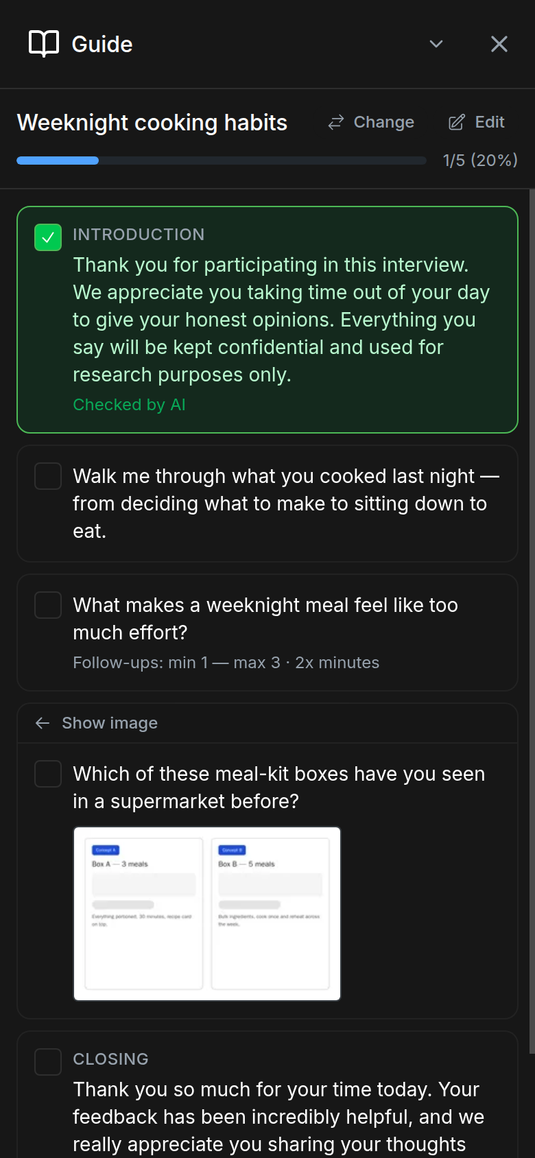 The in-meeting guide panel with the progress bar, a green Checked by AI row, and the remaining questions still unchecked