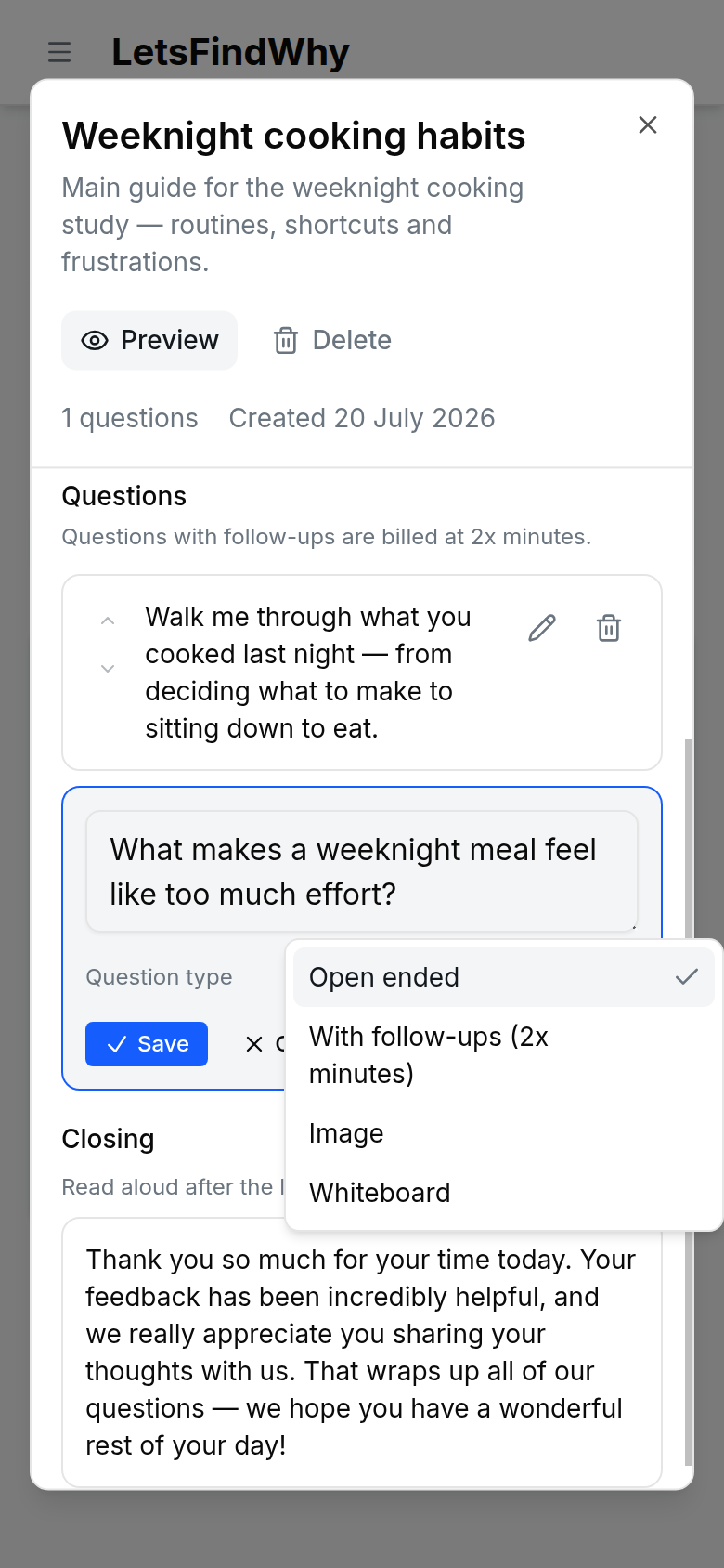 The Add Question form with the question text filled in and the Question type menu open on Open ended, With follow-ups, Image, and Whiteboard