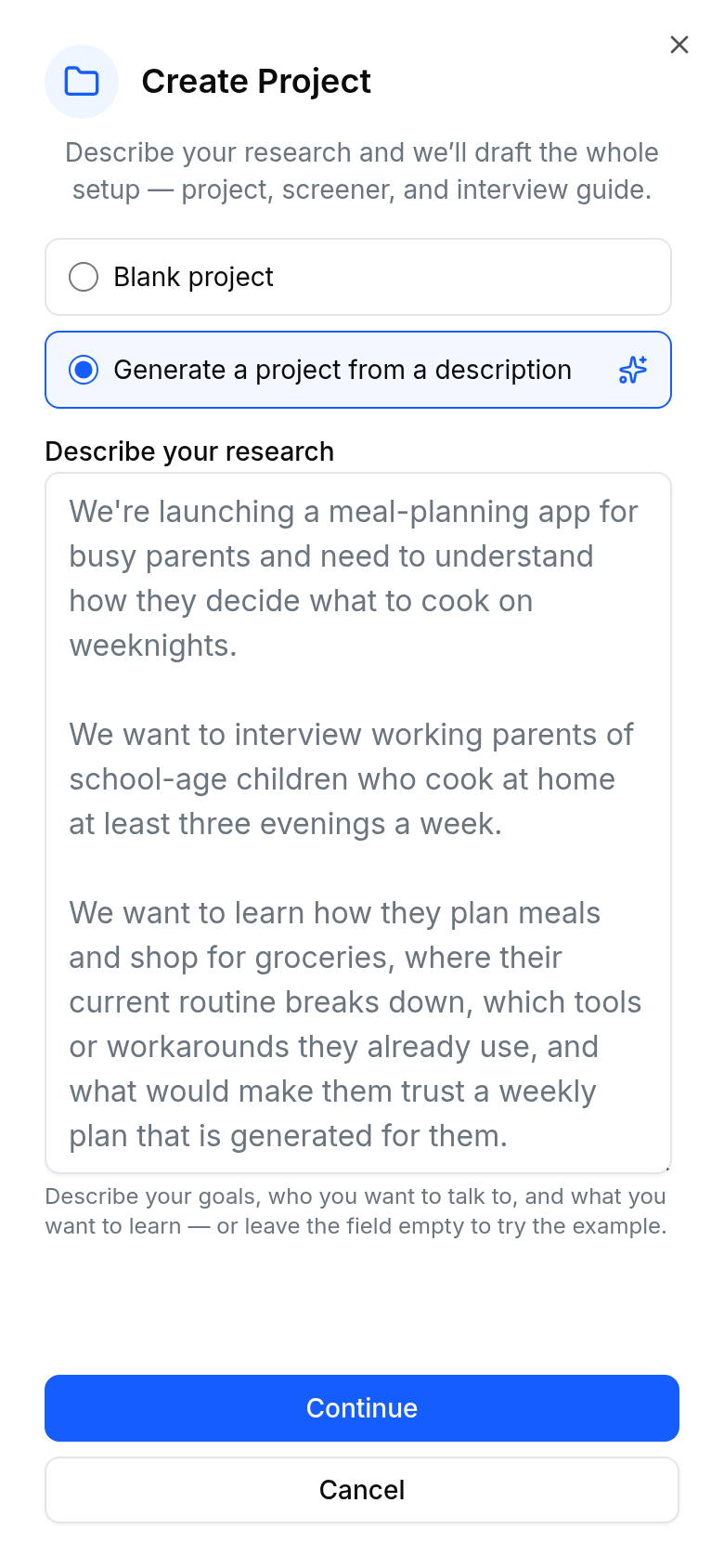 The Create Project dialog with Generate a project from a description selected and the Describe your research field