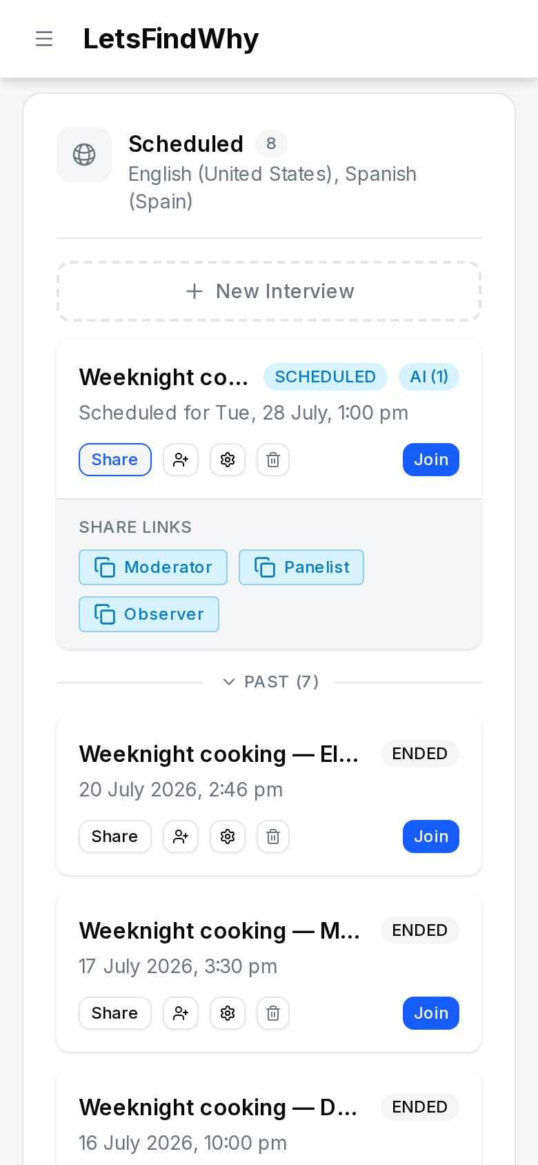An interview row with a SCHEDULED badge and the expanded Share Links for the moderator, panelist, and observer roles