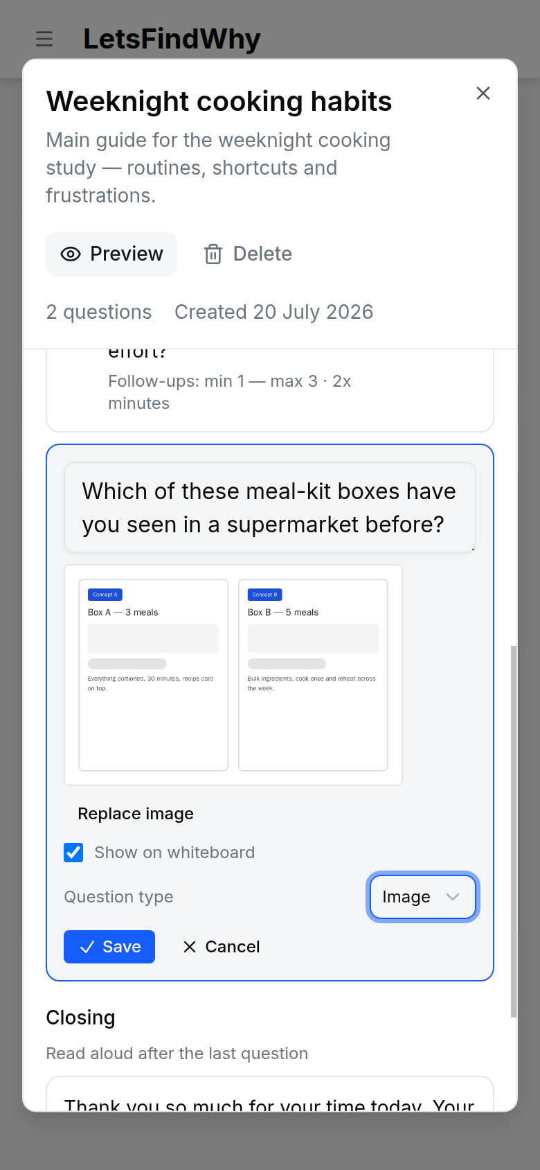 The question form with Question type set to Image: caption field, thumbnail preview, Replace image button, and Show on whiteboard checkbox