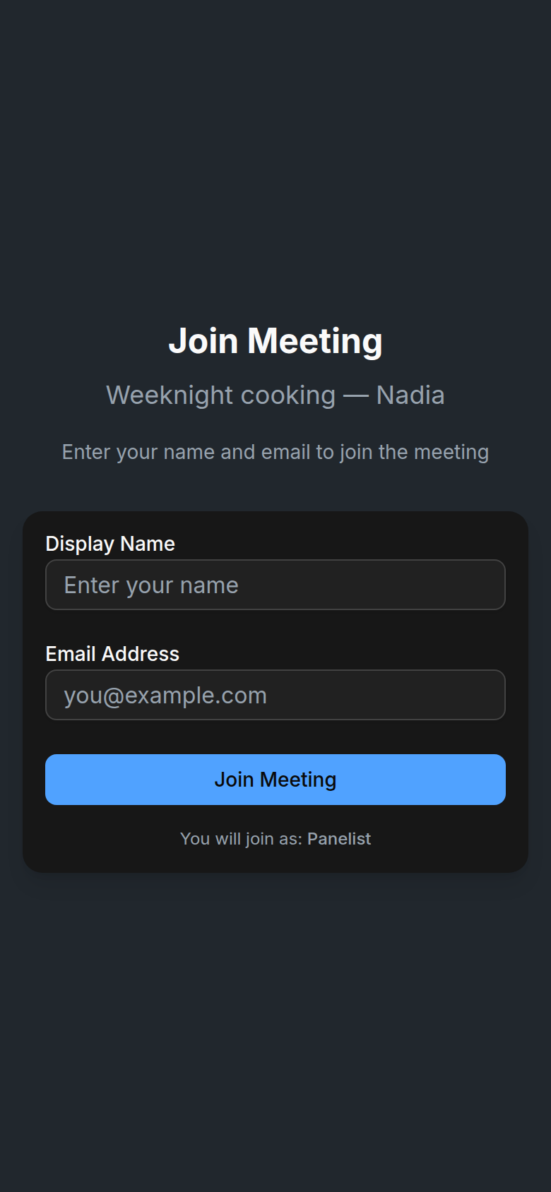 The Join Meeting page with Display Name and Email Address fields
