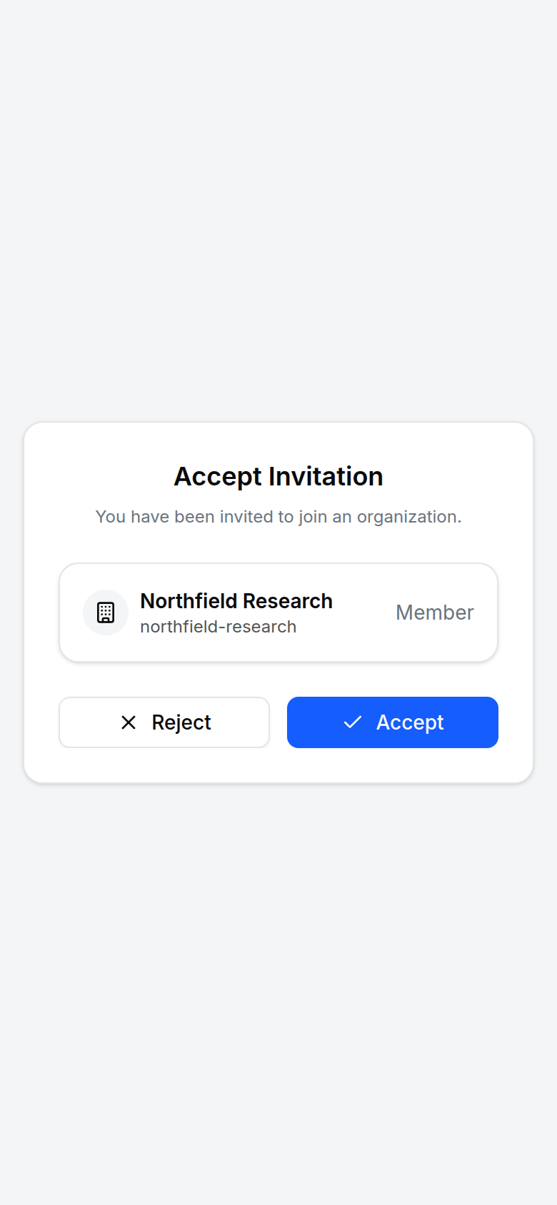 The Accept Invitation card naming the organization and invited role, with Accept and Reject buttons