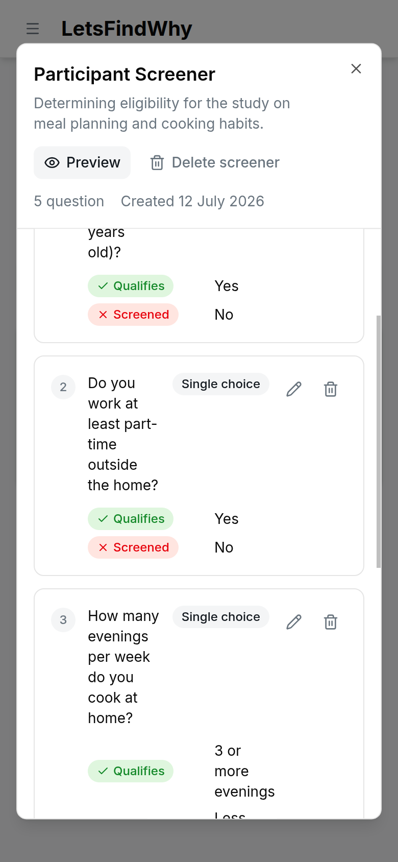 The Screener Library editor with the screener title, the Preview and Delete screener actions, and choice questions showing their Qualifies and Screened markers