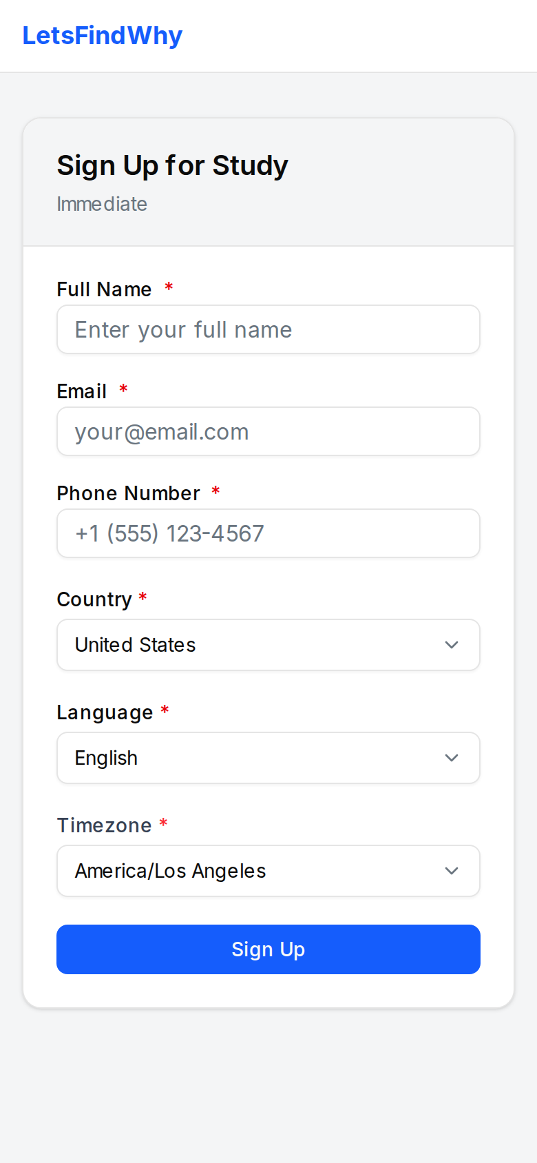The public Sign Up for Study page with the study name and the Full Name, Email, and Phone Number fields