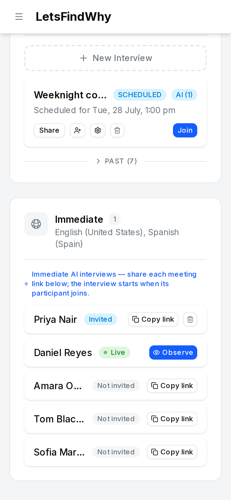 The Interviews page showing immediate AI interview rows in Invited, Live, and Not invited states, with an Observe button on the live row