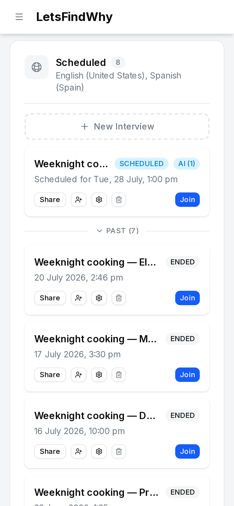 The Interviews page with a process section, the New Interview button, and interview rows carrying SCHEDULED and ENDED status badges