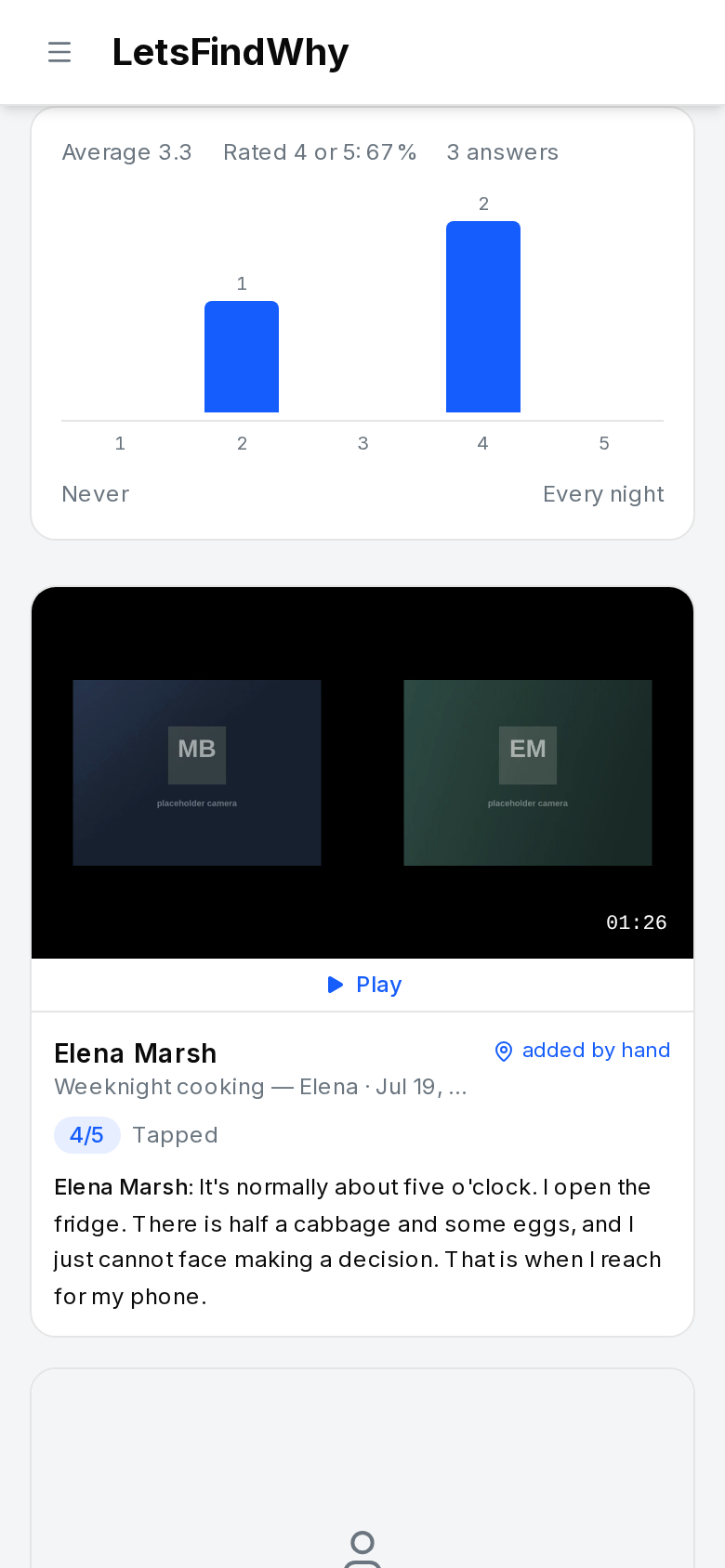 The Responses page on a phone, showing a rating chart above respondent cards that each carry an answer