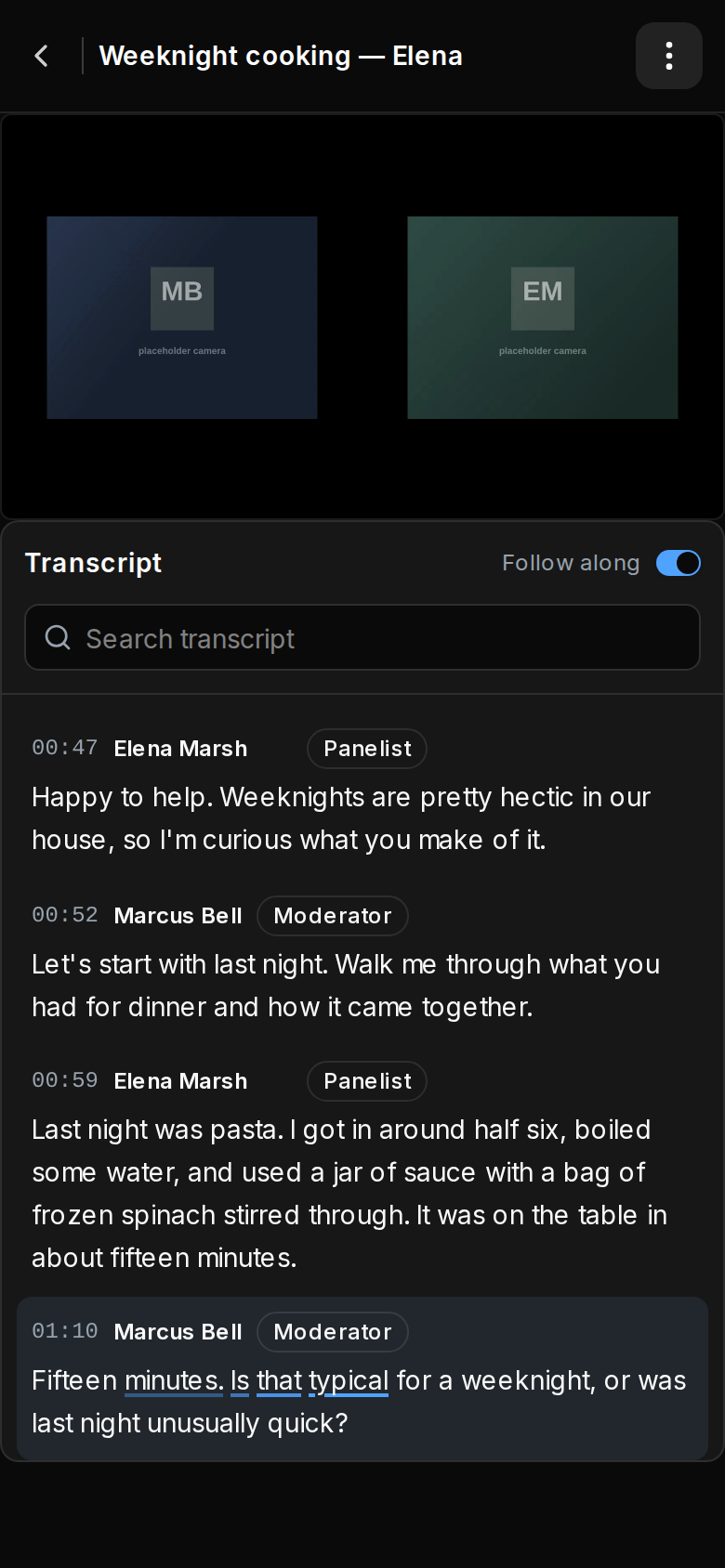 A recording playing with the Transcript panel: Follow along switch, search field, timestamps, and role badges