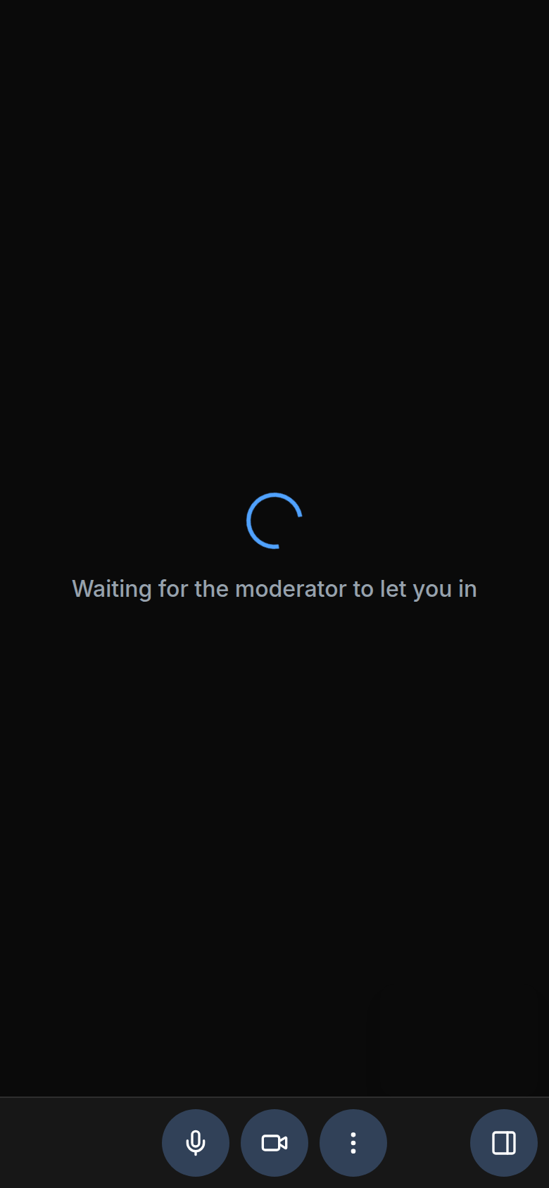 The participant’s screen reading Waiting for the moderator to let you in, with the meeting controls along the bottom